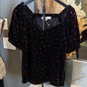 LOFT Black Velvet Blouse with Red Floral Design